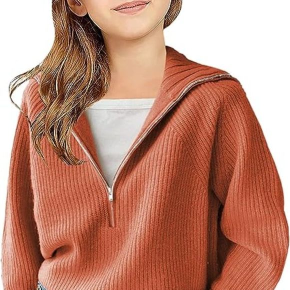Girls Casual Long Sleeve Half Zip Pullover Sweaters Solid V Neck Collar Ribbed - Picture 1 of 3